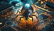 © Marko - A digital of a glowing cyber bug centered on an electronic circuit board representing a security breach concept