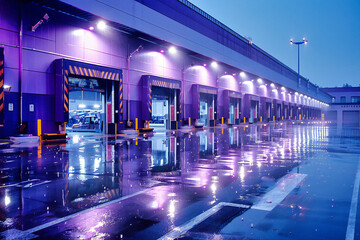 Wall Mural - urban night transportation, an empty city street illuminated, showcasing modern architecture and mot