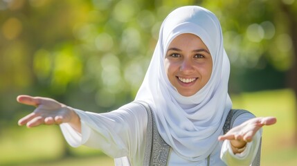 Radiant asian muslim woman smiling, offering eid mubarak greeting on blurred background