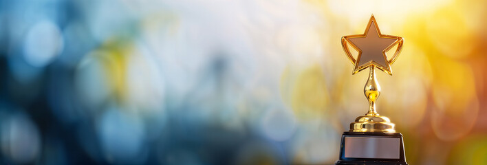 Wall Mural - golden award trophy star mockup on a bokeh background, space for text, copyspace banner winner and 1