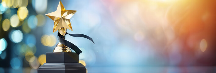 Wall Mural - golden award trophy star on a bokeh background, space for text, copyspace banner winner and 1st plac