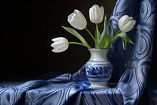 Classical Still Life With A Blue White Hand Painted Vase And Tulips, Blue Curtains In The Background