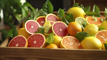 Poster - Wooden crate filled with variety of citrus fruits including oranges, lemons, and grapefruit