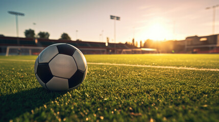 Wall Mural - Soccer ball is sitting on field. Sun is setting in background