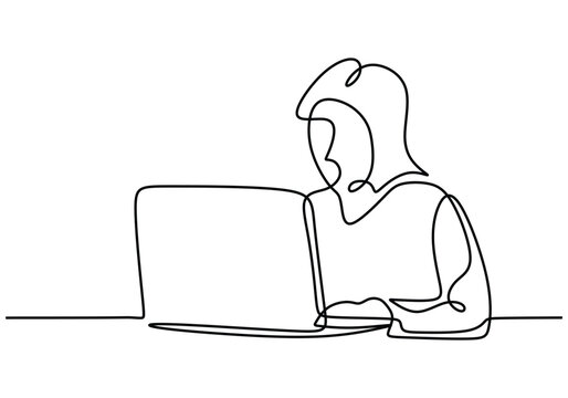 woman in front of laptop computer in one continuous line drawing style