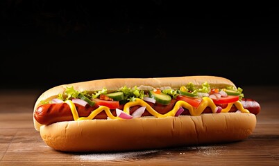 Wall Mural - Delicious hotdog on black background. Copy space