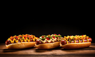 Wall Mural - Delicious hotdogs on black background. Copy space