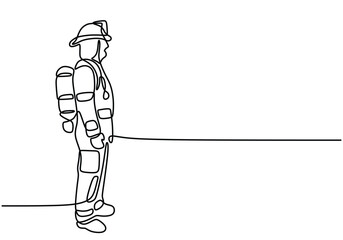 continuous line drawing of fully clothed firefighter with axe hammer.