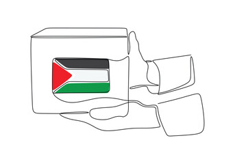 Wall Mural - Human hand holding box in one continuous line with palestine flag