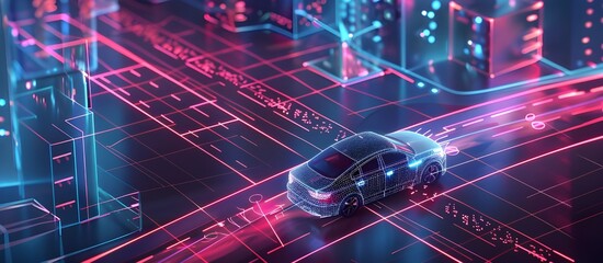Poster - A smart car in autonomous mode navigates city streets with a HUD, incorporating graphic sensor radar signals and internet connectivity