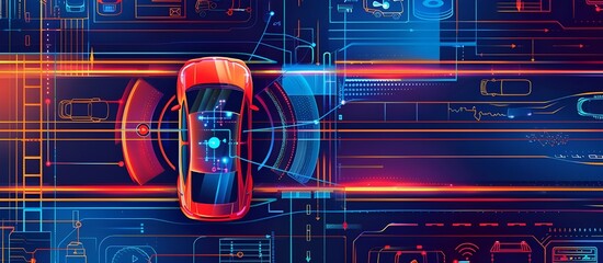 Poster - autonomous futuristic car dashboard concept with HUD and hologram screens and infotainment system