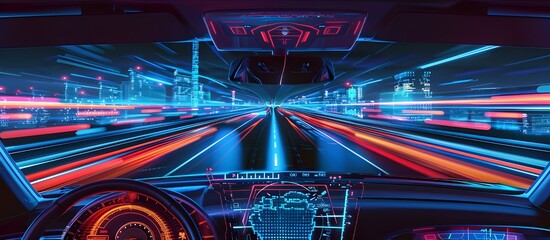 Poster - Autonomous car with touch sensors in a futuristic style. A smart vehicle with motion sensors for safe driving.