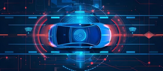 Poster - Modern smart car technology intelligent system using Heads up display. system with graphic sensor radar signals and internet connectivity, top view.