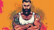 Vector pop art illustration of a brutal bearded man, macho with tatoo folded his arms over his chest