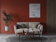 Mock up of a modern compact living room with a stylish comfortable sofa and a red decorative background, 3D rendering.