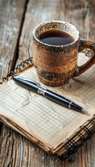 Minimalist workspace with blank notebook, pen, and coffee cup on light background