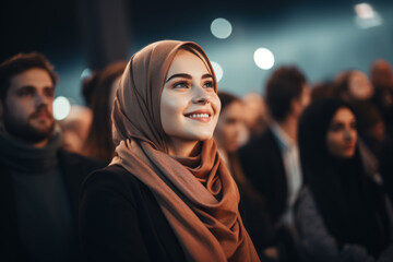 Sticker - Woman wearing scarf is smiling at camera. She is surrounded by crowd of people