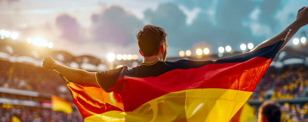 Wall Mural - Happy German male supporter with German flag, German male fan at a sports event such as football or rugby match, blurry stadium background, copy space