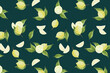 Fondo patrón de limones pintados a mano con acuarelas sobre fondo verde oscuro/ verde pato real fresco y veraniego.