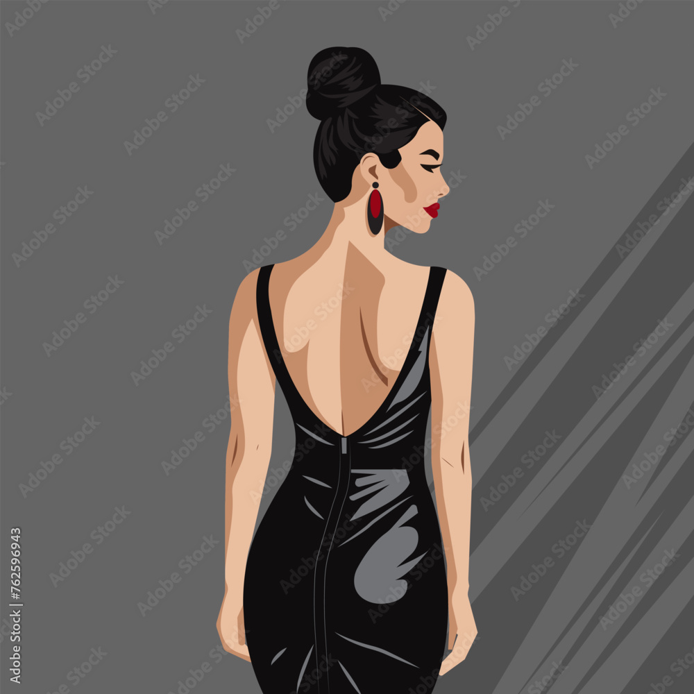 Vector flat fashion illustration of a young sexy woman in an elegant ...