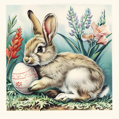 Wall Mural - Watercolor vintage Easter rabbit with egg and flowers. Spring holiday bunny isolated on white background. Retro floral illustration for greeting card, poster, banner