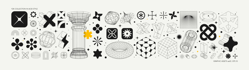 Aufkleber - Vector graphic assets set in acid style, retro futuristic background with wireframe elements of different forms, bold modern shapes for design template, poster, clothes, stickers in Y2k style set 3