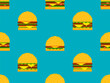 Seamless pattern with burgers in pixel art style. Pixel cheeseburgers and hamburgers with two cutlets and cheese. 8-bit fast food in retro style from the 80s and 90s. Vector illustration
