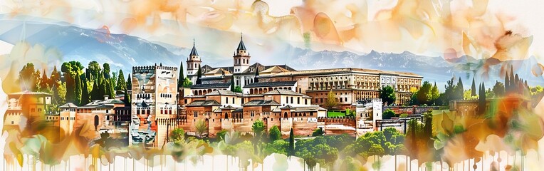Aufkleber - A painting of a city with a large building in the center. The painting is in watercolor and has a warm, inviting feel