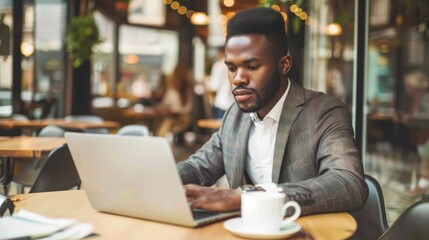 Poster - A man in business attire is seated at a table, focused on using his laptop computer. The setting appears to be a cafe or workspace, with other people visible in the background.