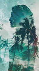 Poster - A womans face is depicted against a backdrop of palm trees in this double exposure artwork by vadosloginov. The palm trees blend seamlessly with the contours of the womans face, creating a striking vi