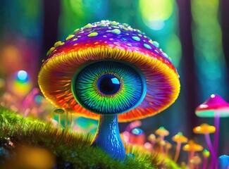 Poster - Mushroom with big eye. Psychedelic wallpaper. 3D Illustration Design.