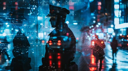 Leinwandbilder - A police officer stands in front of a window, looking out into the night. The image is a reflection of the officer in the window, creating a sense of depth and mystery. Scene is one of intrigue