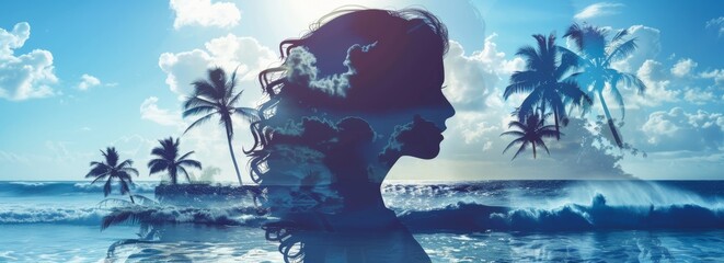 Poster - A woman's silhouette is shown on a beach with palm trees in the background. Concept of relaxation and tranquility, as the woman is surrounded by the calming elements of the ocean