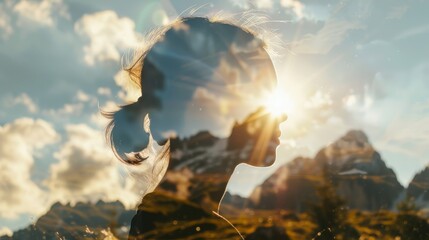 Poster - A womans face is visible in the reflection of a towering mountain, creating a striking double exposure composition. The features of the womans face are layered over the rugged texture of the mountain,