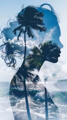 A double exposure featuring the face of a woman superimposed with the outline of palm trees. The womans features are blended with the silhouettes of the palm trees, creating a unique and intriguing co