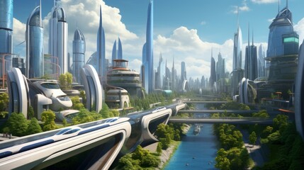 Leinwandbilder - Generative AI An artistic representation of a futuristic city featuring energy-efficient buildings, innovative transportation modes, and a forward-thinking urban environment