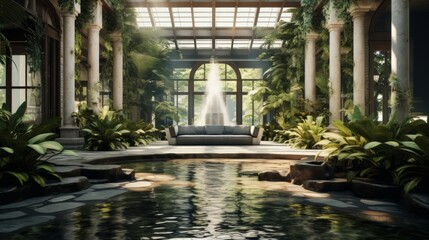 Aufkleber - Generative AI Elegant atrium featuring lush indoor gardens and cascading water features.