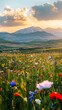 A field bursting with colorful flowers stretches out with towering mountains in the background under a clear blue sky. The contrast between the vibrant blooms and the rugged mountain peaks creates a s