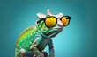 a cool chameleon wearing sunglasses on a solid color background, vector art, digital art, faceted, minimal, abstract, panorama background. Generative AI.