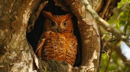 Poster - A Madagascar Red Owl is perched inside a hollow in a tree, surrounded by branches and leaves. The owl is resting comfortably in its natural habitat.