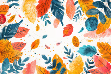 Wall Mural - Colorful autumn leaves border on white background with paint splatters with copy space