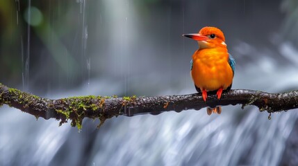 Poster - A Madagascar Pygmy Kingfisher is perched on a branch in front of a cascading waterfall. The bird is small in size with vibrant plumage, observing its surroundings while staying alert. The waterfall be
