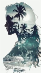 Poster - A womans face is shown against a backdrop of palm trees. The double exposure artwork merges the features of the woman with the lush greenery of the palm trees.