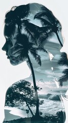 Poster - A womans face is featured prominently against a backdrop of palm trees. The focus is on the facial expression of the woman with the trees in the background creating a contrasting scene.