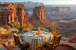 On the edge of a vivid pop artinspired canyon a breakfast table catches the first light the stark beauty of the wilderness serving as a unique contrast to the meal