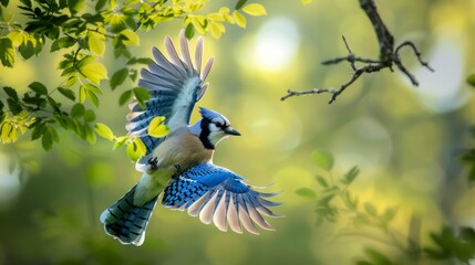 Poster - A blue jay bird is seen flying through a tree full of vibrant green leaves, showcasing its wingspan and agility in mid-air.
