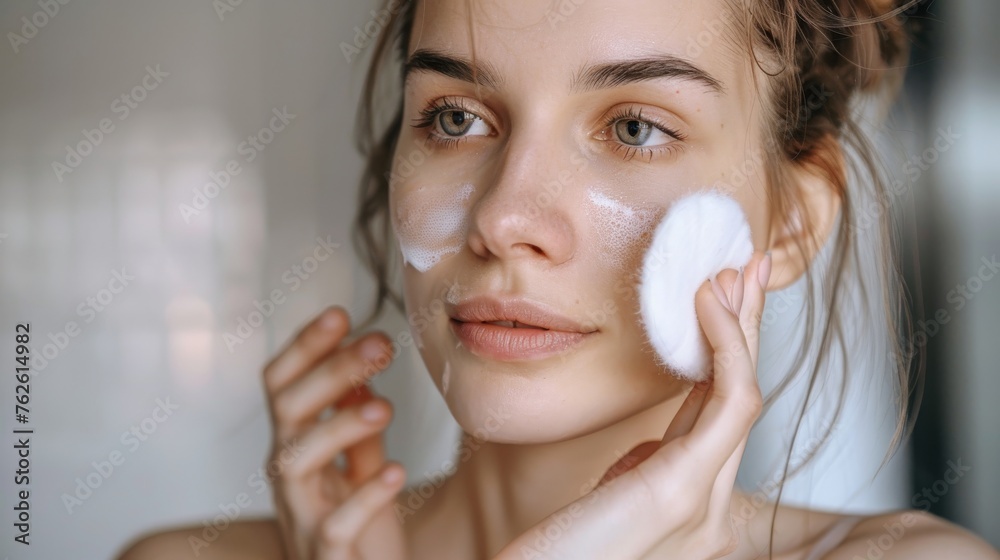 A woman is shown with a towel wrapped around her head and a white face ...