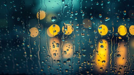Aufkleber - Rain drops are seen cascading down a window with yellow lights glowing in the background. The droplets create a pattern as they slide down the glass, reflecting the warm glow of the lights behind them