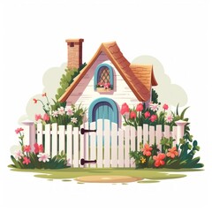 Poster - Generative AI A picturesque miniature house with a well-kept garden and a white wooden gate.