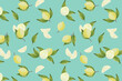 Fondo patrón de limones pintados a mano con acuarelas sobre fondo celeste turquesa fresco y veraniego
